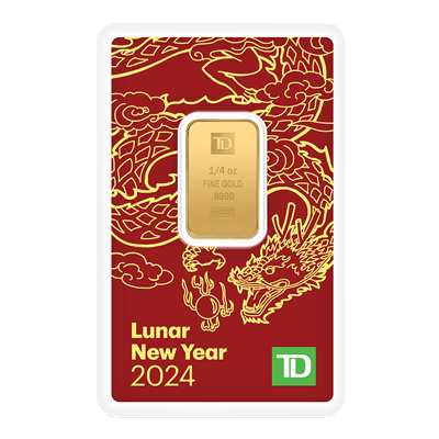 A picture of a 1/4 oz. TD Year of the Divine Dragon Gold Bar